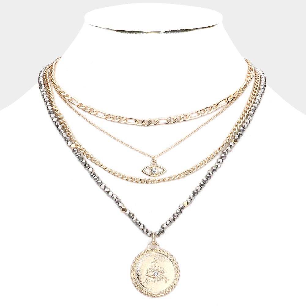 Evil eye pendant stone embellished multi layered necklace